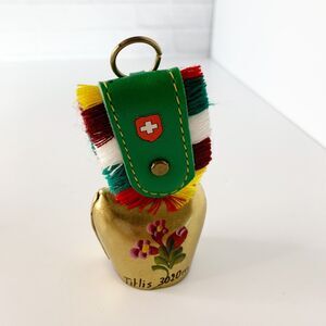 Vintage Brass Swiss Flower Cow Bell With Strap Switzerland 4 Inch